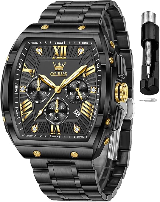 OLEVS Mens Watches Analog Chronograph Square Dress Watch for Man Stainless Steel or Leather Band Waterproof Luminous Date Male Watch