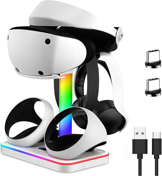Charging Stand for PlayStation VR2, Charging Station for PSVR 2 with VR Headset Display Stand, Controller Charging Dock for PS5 VR2 with LED-Charging Indicator, 7 Light Mode, Type-C Cable