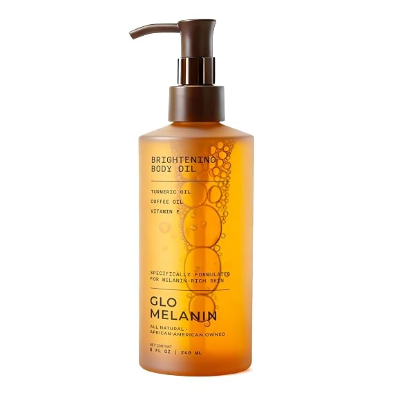 Glo Melanin Brightening Body Oil Topical Moisturizer with Vitamin C, Kojic Acid & Turmeric Lightweight Hydrating Cosmetic Oil for Melanin-Rich Skin (8 oz / 230 ml) | For Dark spots - Hyperpigmentation - Dull and Dry Skin, Topical Moisturizer with Vitamin C - Kojic Acid & Turmeric, Hydrating