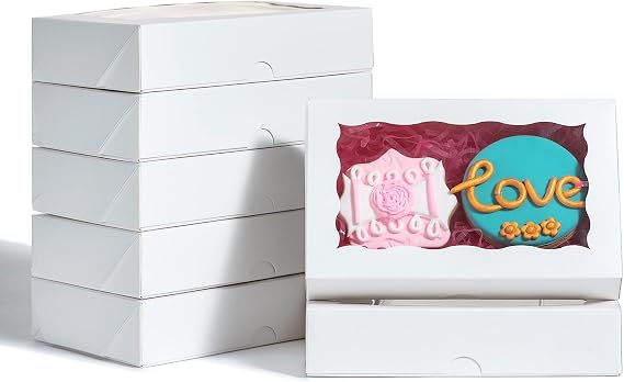 50 Pack White Cookies Boxes 7 x 4 3/8 x 1 1/2inches Auto-Popup Sturdy Bakery Boxes with Window,Macaron Boxes Hot Chocolate Bombs Boxes Cakesicle Boxes