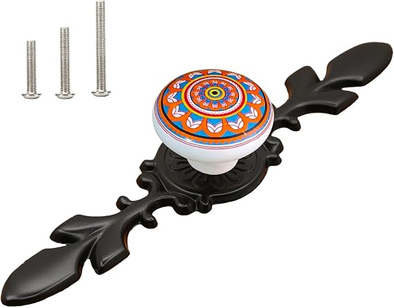 HUAMULAN Boho Ceramic Knobs, Cabinet Pulls with Zinc Alloy Backplate 8 Pack