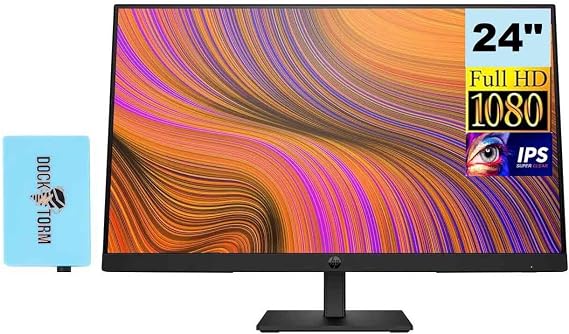 HP 24 inch 1080P Computer Monitor Bundle With Docztorm Dock, 24'' Full HD (1920x1080) 75Hz Anti-Glare IPS Display with Built-In Speakers, HDMI, VGA, Displayport-2023 Model, Black (Audio), (HP23.8)