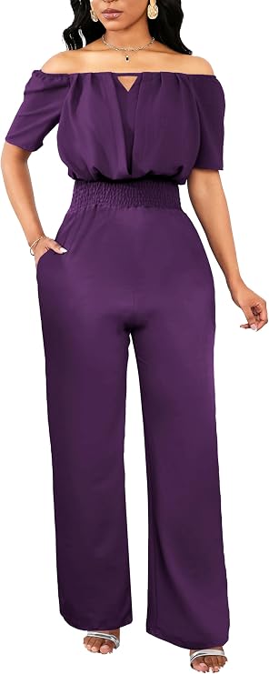 SxClub Off the Shoulder Jumpsuits for Women Dressy Long Pants with Pockets