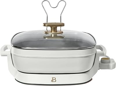 Beautiful 5-in-1 Electric Skillet, Expandable to 7QT, Non-Stick with Glass Lid, Adjustable Temperature, 1500W Heating System - Includes Stainless Steel Rack & Lid Rest White Icing