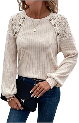 Irsutey Womens Solid Color Tops Lace Patchwork Long Sleeve Crew Neck Casual Loose Blouses Plus Size Trendy Sweatshirt
