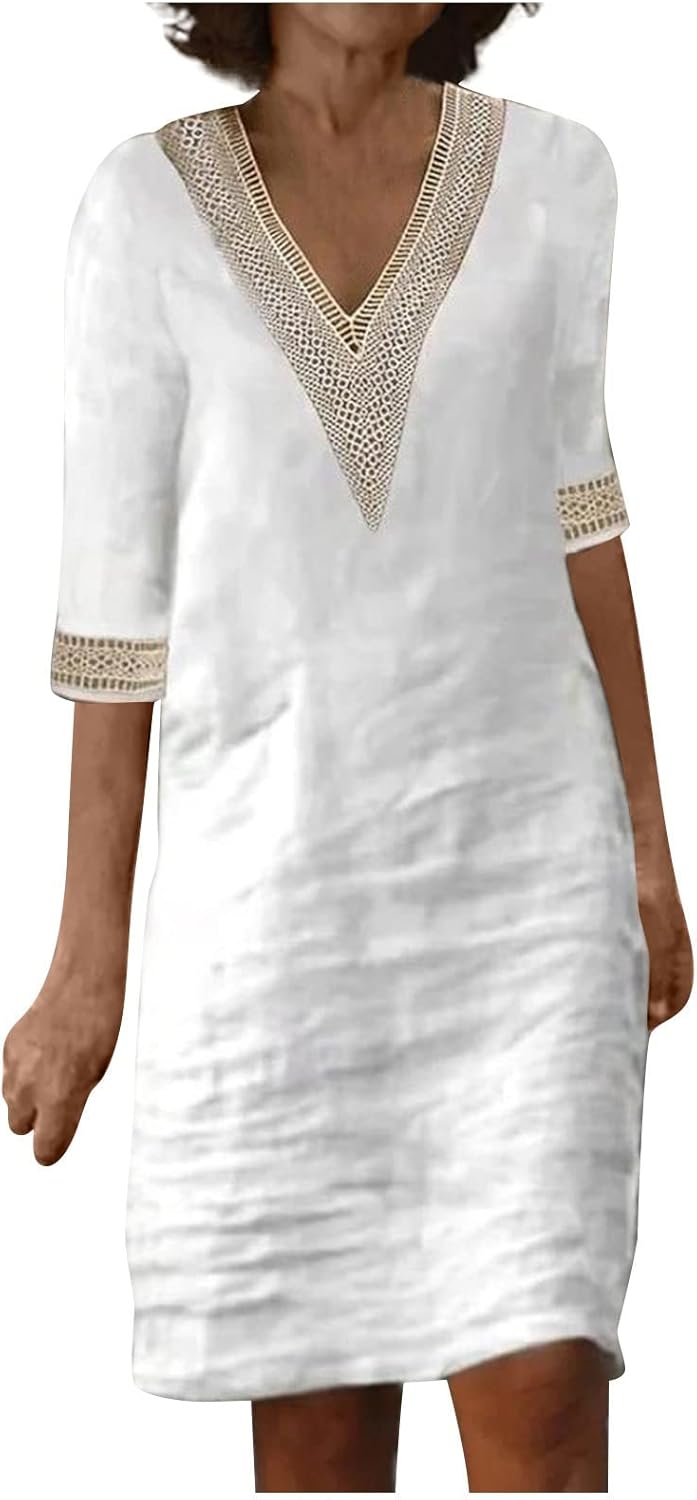 Linen Dresses for Women 2024 Summer 34 Sleeve Lace Embroidered V Neck A Line Dress Sexy Beach Vacation T Shirt Dress