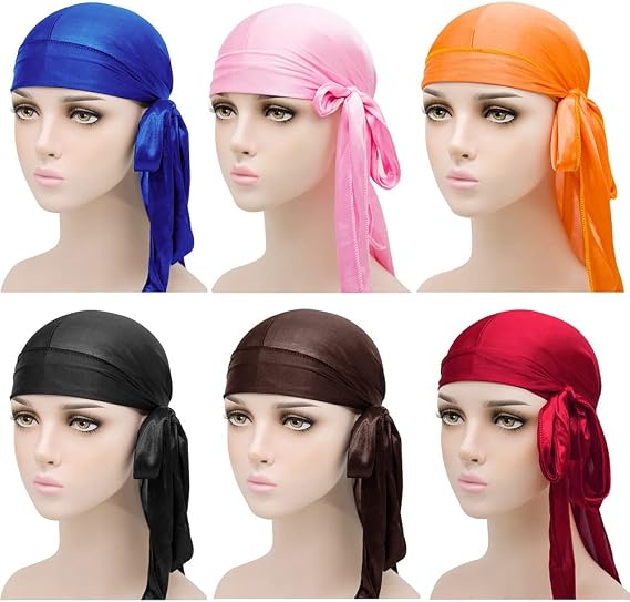 6 Pieces Silky Durags for Women,Men Satin Durag 6 Colors Doorag Headscarf,beanies, woman durags