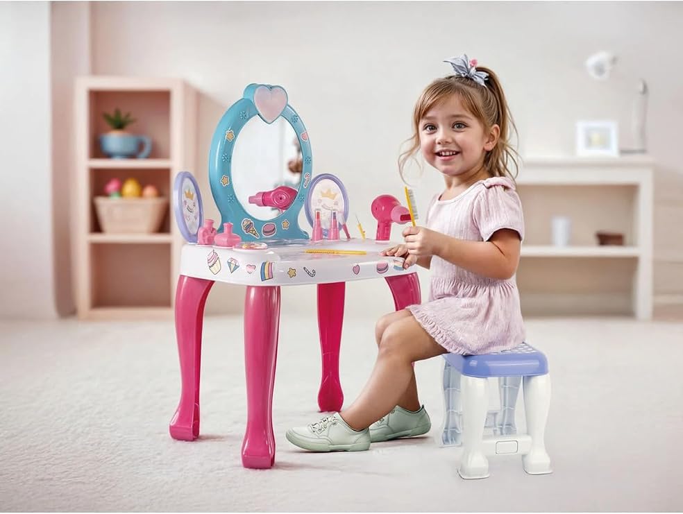 Kız Çocuk Güzellik Beauty Unicorn Makyaj Masası, Tabureli, 12 Parça Aksesuar