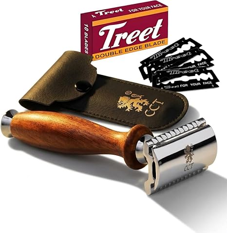 Men's Double Edge Safety Razor Made of Stainless Steel with Missanda Wooden Handle with Ten Blades and Travel Case Traditional Safety Razor for Wet Shaving and Beard