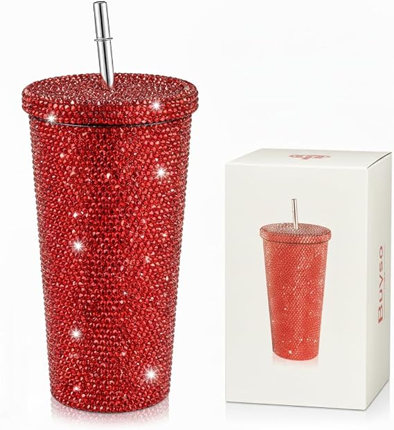Studded Bling Tumbler Glitter Cups with Lid Stainless Steel Vacuum Thermal with Straw Rhinestone Insulated Office Mug for Ice Cold or Warm Drinking for Women Cup (Ruby Red)