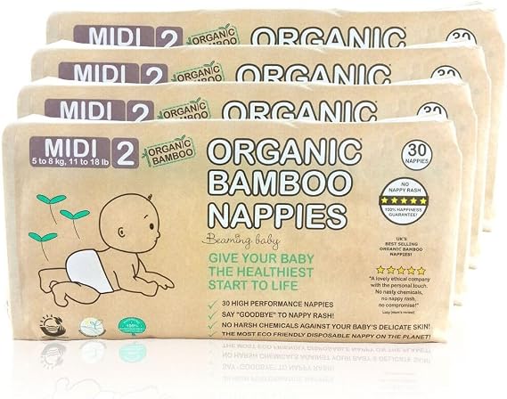 Beaming Baby Organic Bamboo Nappies - Size 2 (5-8 kg / 11-18 lbs), 4 X 30 Nappies (120 Total) | Monthly Pack, Ultra Soft Nappies for Sensitive Skin | Give Your Baby The Healthiest Start to Life