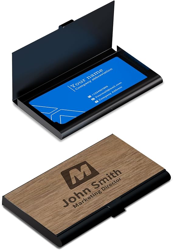 Personalised Business Card Holder,Custom Wood Business Card Cases with Your Logo/Text/Design/QR Code,Stainless Steel ID Cases,Name Cards Holders for Men/Women,for Travel/Work (Black)