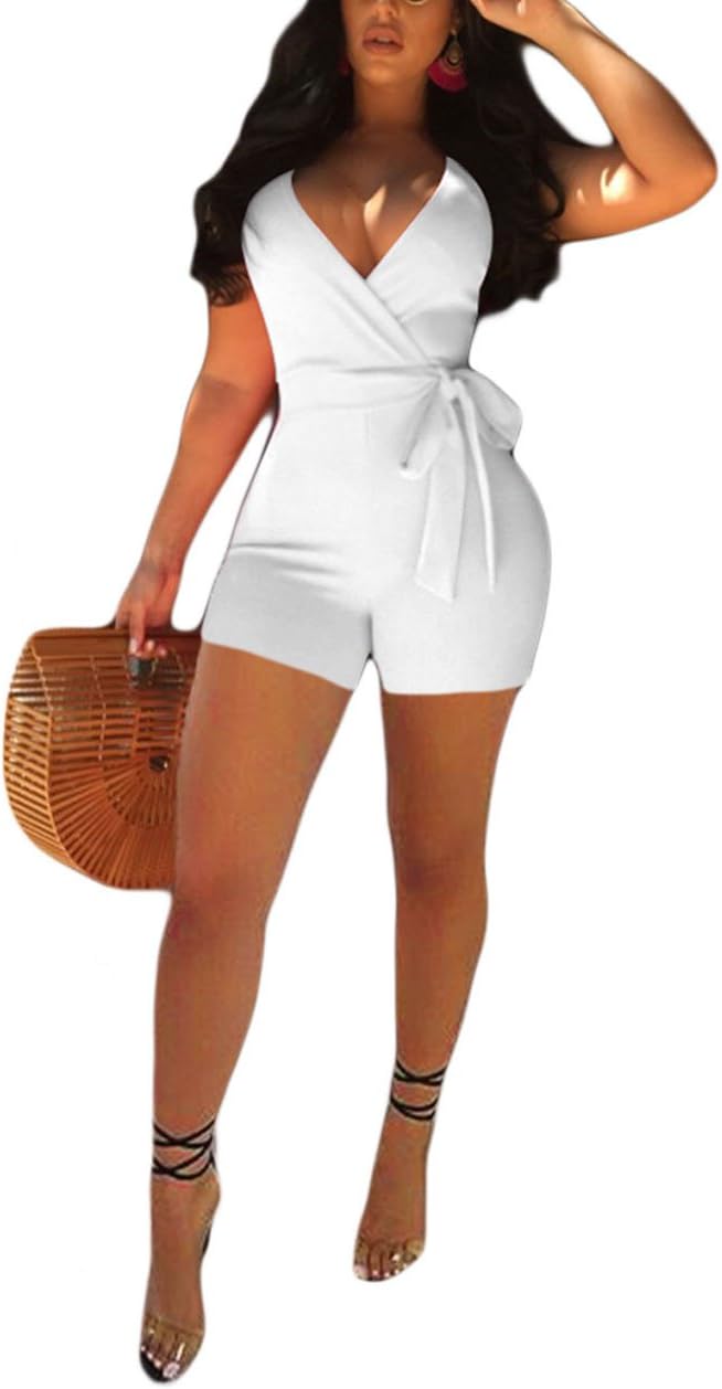 Womens Spaghetti Strap Romper Wrap Front V Neck Solid Shorts Jumpsuit with Belt