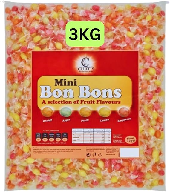 Mini bon bons Fruit selection 3KG - Orange, Apple, Peach, Lemon, Raspberry - Retro Hard boiled Bonbon sweets individually wrapped for party and sharing