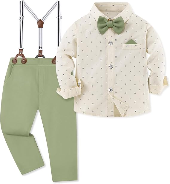 Toddler Baby Boy Clothes Suit 12M-7Y Boys Wedding Formal Outfit, Dress Shirt+Bowtie+Suspender Pants Gentleman Outfits