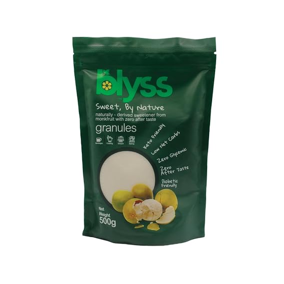 Blyss Natural Zero-GI Monk Fruit Sweetener - 500g Granular, Keto & Diabetic Friendly, Sugar Substitute, Erythritol Blend, Vegan, Low Carb, Zero Aftertaste