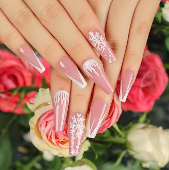 Acrylic press on nails, French tip, Fake nails with glue, Fake nails with design, Short press on nails, Medium - Long, 24 pc set (including adhesive tabs) (JP2687) MOTA ENTERPRISE