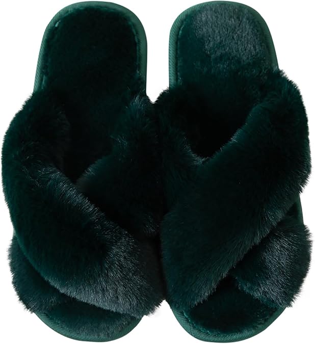 Enteer Women's Slipper Memory Foam Cross Band Fuzzy Slippers Open Toe Cozy House Slippers Cozy Plush Bedroom Indoor Outdoor