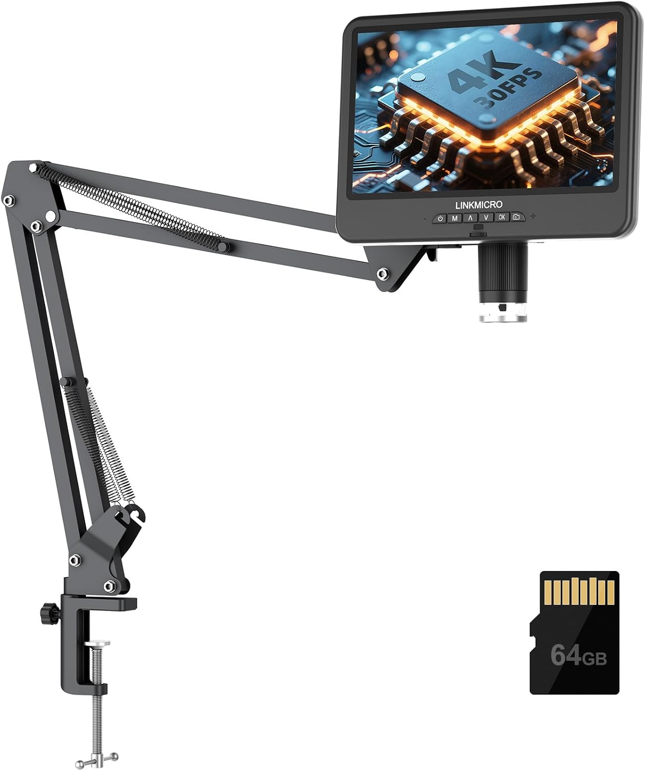 LINKMICRO 4K 30FPS HDMI 10.1'' Digital Microscope with Screen for Electronics Repair, LM208S-A 4K Soldering Microscope Camera 1500X with Flex Arm Stand, Full View Coins, 3840P Video Audio Record, 64GB