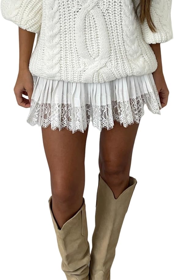 Women's Y2k Lace Mini Skirt Sexy Low Rise Half Slip Underskirt Ruffle Pleated Layered Flowy Short Skirt Streetwear