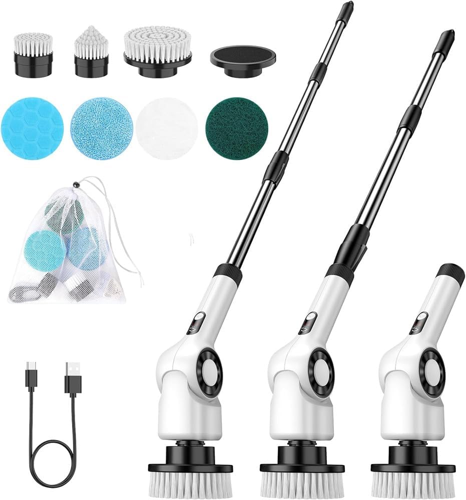 Electric Spin Scrubber, Cordless Electric Cleaning Brush with LED Screen, 3 Speeds, Adjustable Extension Arm, 7 Cleaning Brush Heads, Power Scrubber for BathroomTubKitchenTilesFloorsBathtubs