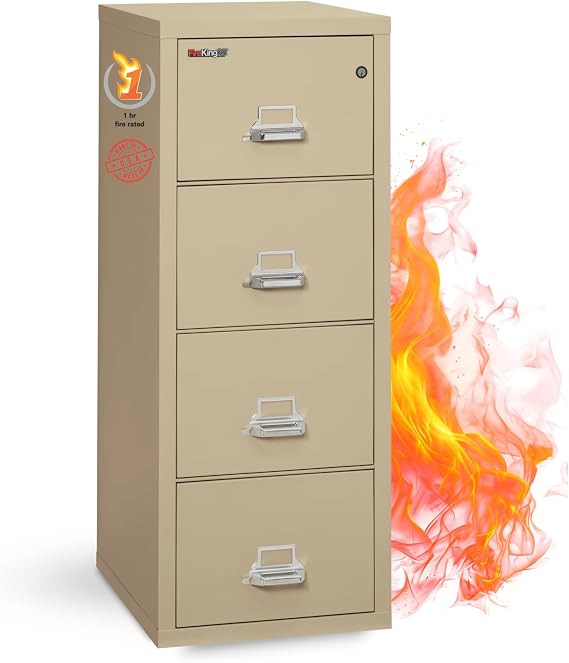 FireKing Fireproof Vertical File Cabinet (4 Letter Sized Drawers, Impact Resistant, Water Resistant), 52.25" H Parchment, 18 W x 25 D, (41825CPA) | 1 Hour Fire Rated Filing Cabinet - UL Class 350 - Water Resistant - Key Lock - Made in USA