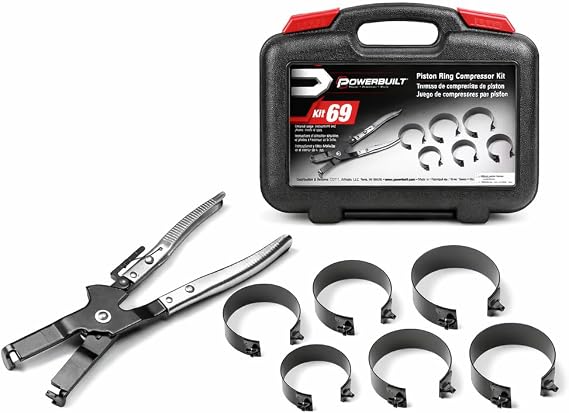 Powerbuilt Piston Ring Compressor Tool Set for Car Engine, Vehicle Maintenance Clamps, Ratchet Pliers, Storage Case - 940387