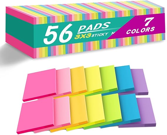 (56 Pads) Sticky Notes Bulk 3x3 in Post Bright Stickies Colorful Memo Pads