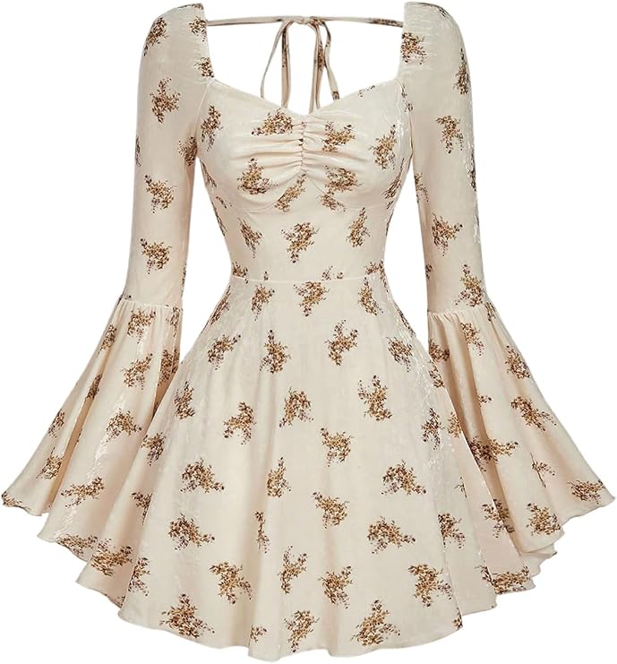 WDIRARA Women's Floral Jacquard Gothic Bell Long Sleeve Dress