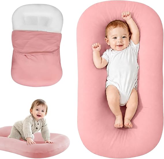 Infant Support Cushion for Newborn, Portable Tummy Time Mat | With Removable Pink Cover, Soft Breathable, Lightweight for Home and Travel, Supervised Use Only, Baby Essentials Gift