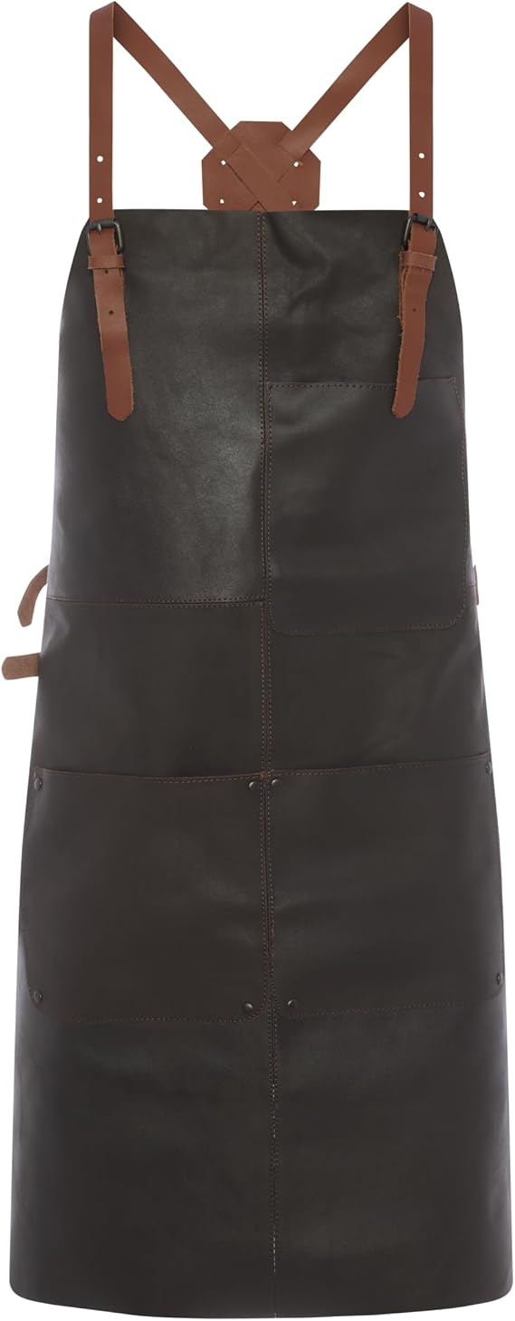 Theodore Leather Work Apron for Men & Women, Brown Genuine Leather Apron with Cross-Back Adjustable Straps, 3 Large Tool Pockets, Heavy Duty Apron for Woodworking, BBQ, Grilling, Barista & Workshop