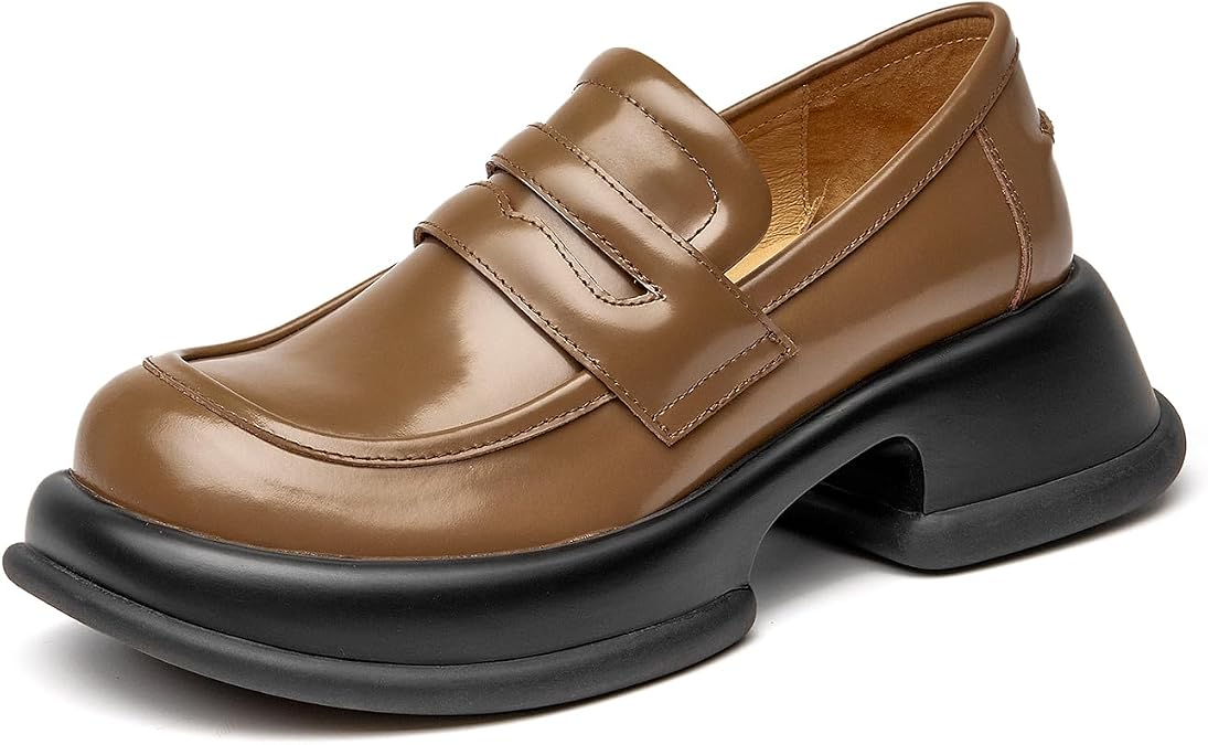 BEAU TODAY Womens Platform Loafers, Leather Penny Loafer Shoes | Comfortable, Chunky Heel, Slip-on, Non-Slip Durable, Round Toe Business Casual Loafers