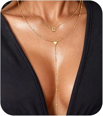 Wowshow Gold Heart Initial Necklace for Women - 18K Gold Plated Y-Shaped Layered Beaded Chain Drop Necklaces Simple Gold Jewelry for Mother Birthday