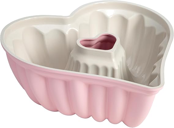 Paris Hilton Heart Shaped Fluted Cake Pan, Cast Aluminum with Clean Ceramic Nonstick Bakeware Fluted Tube Pan, Dishwasher Safe, Made without PFAS, PFOA, PFOS & PFTE, 9-Inch, Pink