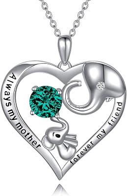 AOBOCO Mom Necklace Sterling Silver Love Heart Lucky Elephant Necklace with Birthstone Crystals, Birthday Mother Day Jewelry Gifts for Mom from Daughter Son Husband