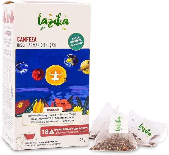 Lazika Canfeza Beije Çayı – Enerji Veren & Mutluluk Destekleyici Bitki Çayı, Kafeinsiz, 18’li Piramit Poşet