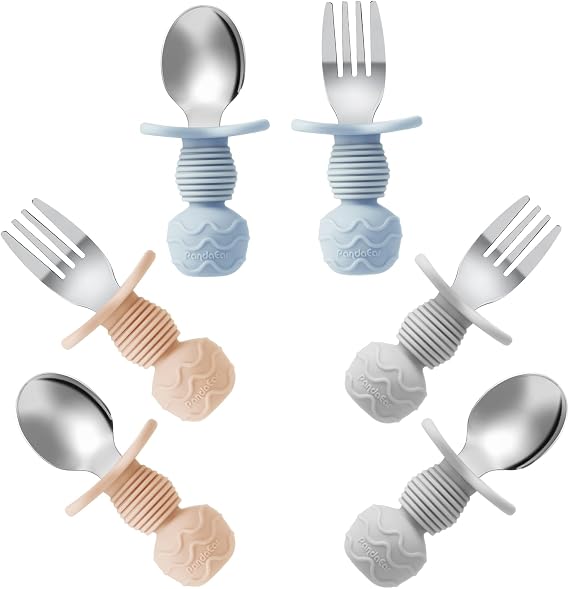 PandaEar 6 Pack Toddler Cutlery Set| Stainless Steel Baby Fork and Spoon Set| Childrens Kids Cutlery| Baby Cutlery Self Feeding 12 Months Plus with Silicone Holding Anti-Choke Design
