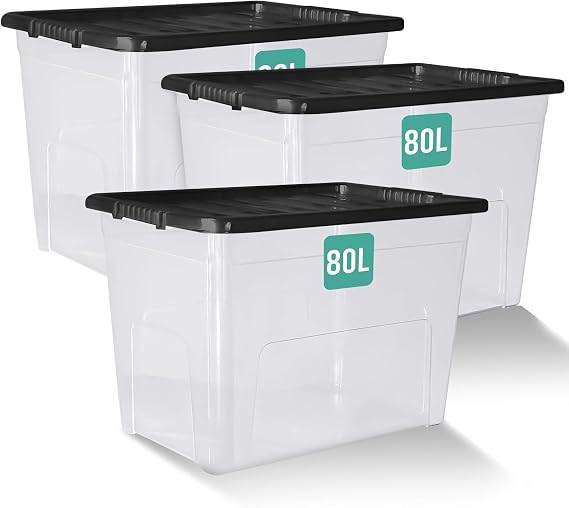 Klass 3 PCS 80L Plastic Storage Boxes With Lids Large Storage Box Black Lid
