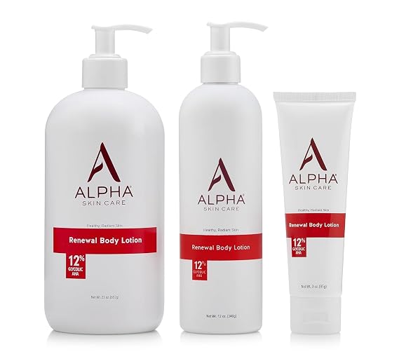 Alpha Skin Care Revitalizing Body Lotion, 12% Glycolic AHA, Simple & Effective Daily Moisturizer Hydroxy Acid, Hydrates & Exfoliates for Soft, Smooth Skin, Anti-Aging, 23 oz & 12 Oz & 3 Oz