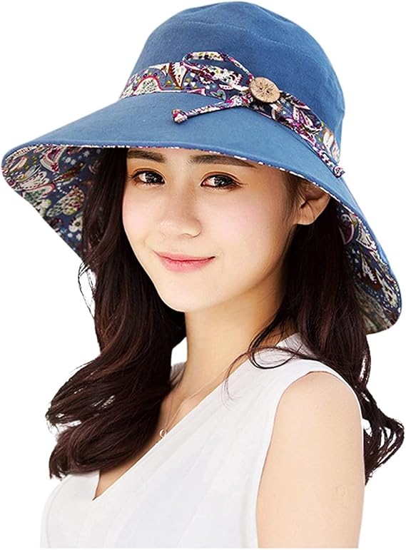 LassZone Cotton Sun Hats for Women UV Protection Beach Hat Reversible Bucket Hat Wide Brim Foldable Sunhat Fishing Cap