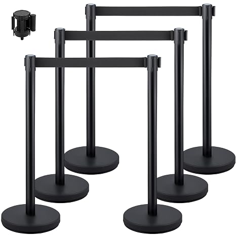 6PCS Stanchion Queue Post, Black 6.5ft Retractable Belt 36In Height, Stanchion Posts Queue Pole for Crowd Control Barriers