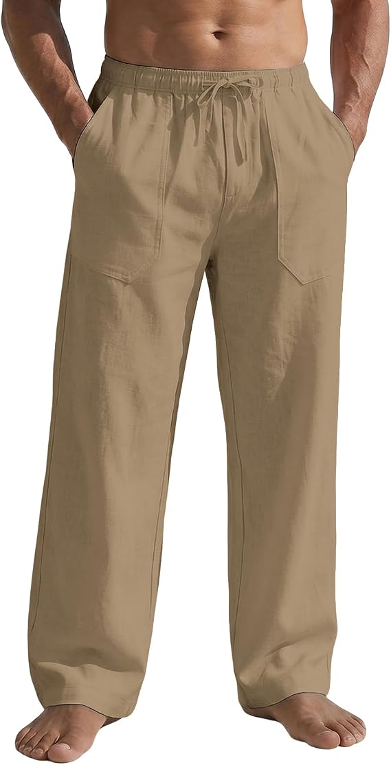 Wangdo Men's Casual Linen Pants Summer Beach Trousers Loose Fit Straight-Legs Elastic Drawstring Waist Yoga Trousers