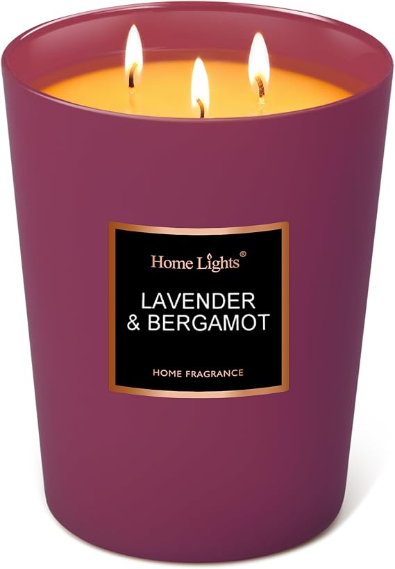 HomeLights Highly Scented Soy Candles Big 33.3 oz for Home. 3 Cotton Wicks, Smokeless Long Lasting in Lavender & Bergamot. 5x6, Great Gift for Women & Men