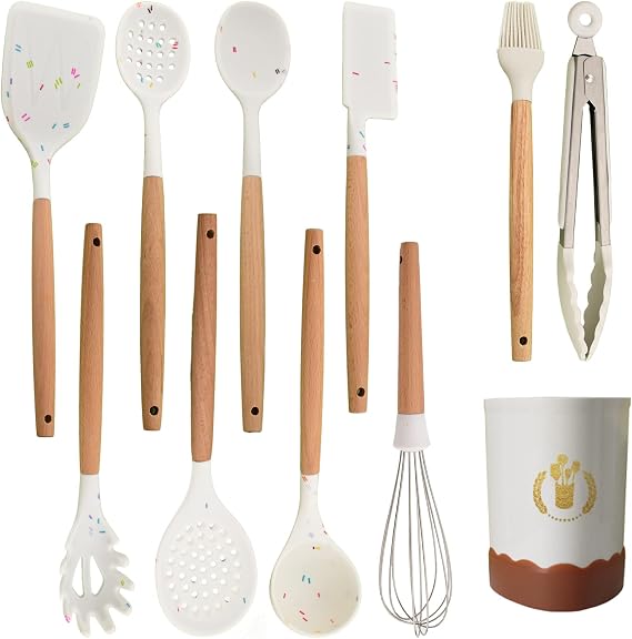 JASHII Silicone Kitchen Utensils Set White Rubber Spatulas with Wooden Handle, Silicone Cooking Utensils with Holder, Heat Resistant for Nonstick Cookware