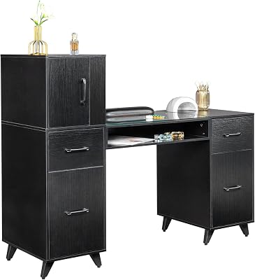 Manicure Table, Nail Makeup Desk with Glass Top, Wrist Rest, Beauty Salon Workstation for Spa Beauty Salon w 3 Side Cabinets2 Removable Shelves2 Drawers3 Layers Open Cabinet1 Open Drawer