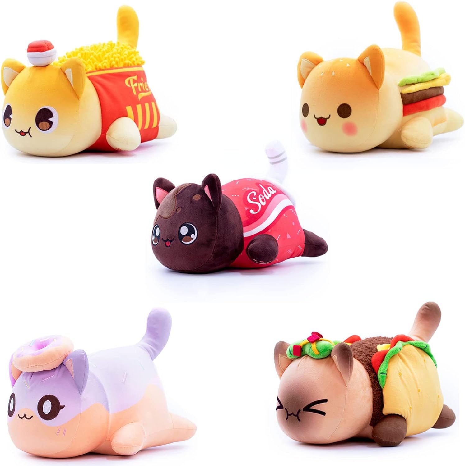 VBGWSHG Cat Stuffed plushies,Kawaii Plushies,Cartoon Cat Plush Doll Toys,Soft and Cute French Fries Donut Cola Taco Hamburger,Pillow for Children Birthday Gifts and Fans to Collect Pack of Five