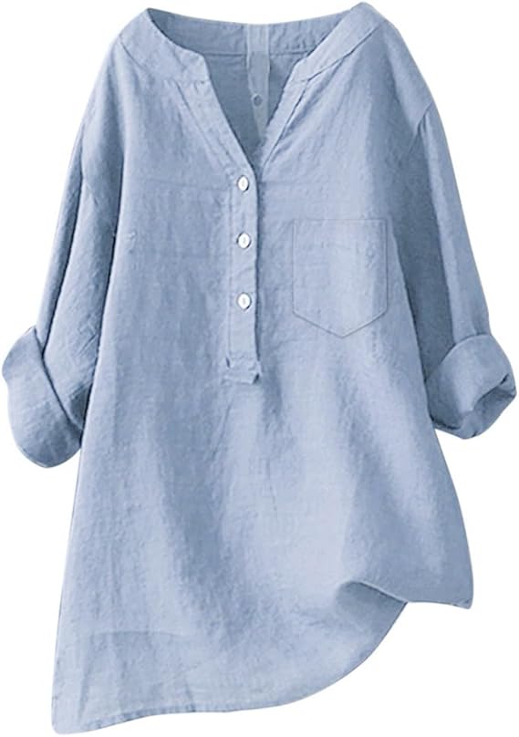 Ladies Tee Shirts,Deals of The Day Clearance,Cotton Linen Shirts for Women Summer Fashion 2024 Plus Size Tops Rolled 3/4 Length Sleeve Button Down Loose Fit Blouse,Sky Blue,X-Large