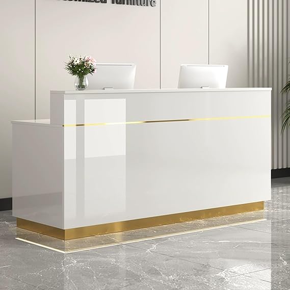 Reception Desk, Reception Counter Desk with Counter, Front Desk Reception with Lockable Drawers, Standing Office Retail Checkout Counter Table(Gold,27.5"x19.6"x39.3")