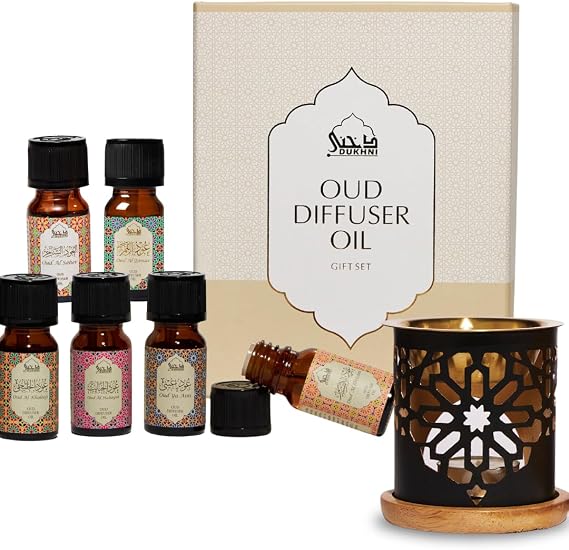 Oud Diffuser Oil, Essential Oil Gift Set & Oil Burner by Dukhni | 6 x 10ml Arabic Aroma Oils for Diffuser & humidifier, 100% Pure Halal Oudh Oils | Islamic Gift for Home Aromatherapy, Home Fragrance