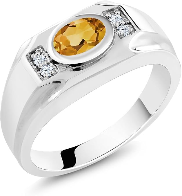Gem Stone King Men's 925 Sterling Silver Yellow Citrine and White Created Sapphire Ring (1.41 Cttw, Gemstone November Birthstone, Oval 8X6MM, Size 7)